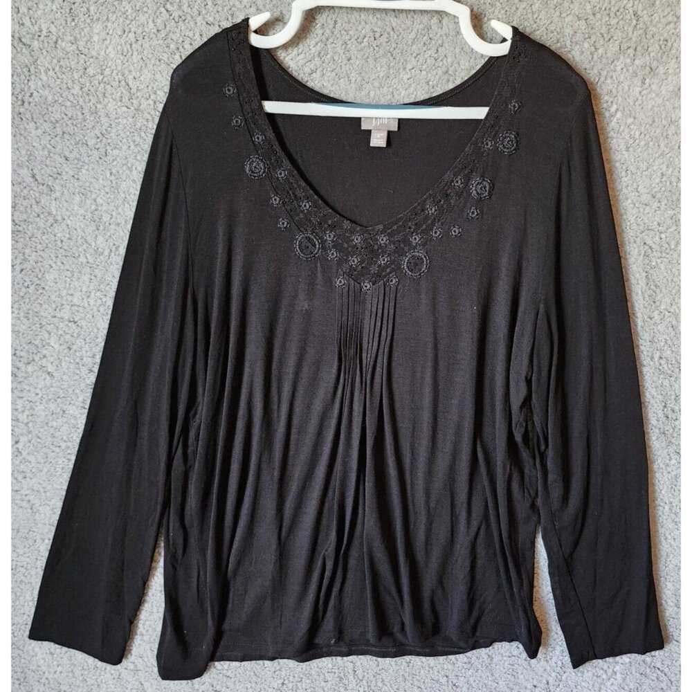 J Jill Women's Long Sleeve Scoop Round Pleated Neck Stretch Top‎ Black Size XL